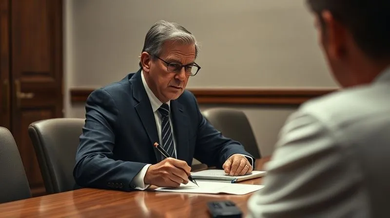 photorealistic, professional photography, 8K, cinematic lighting, sharp focus, depth of field, shot on a high-end DSLR. A serious-looking attorney sitting at a conference table, intently listening to an unseen speaker during a deposition, taking detailed notes. The room is formal and neutral, with a sense of quiet intensity and strategic thought. A recorder is visible on the table.