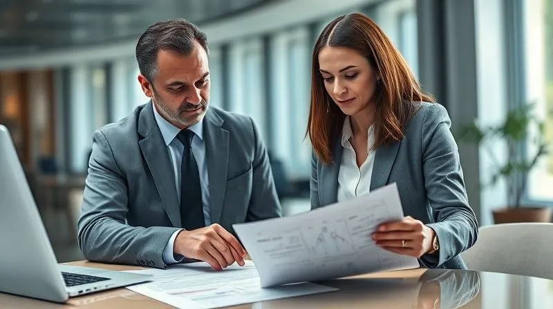 photorealistic, professional photography, 8K, cinematic lighting, sharp focus, depth of field, shot on a high-end DSLR. Two professional legal experts, one male and one female, engaged in a serious, collaborative discussion over a set of medical diagrams and legal documents in a well-lit, modern office. Their body language suggests intense focus and agreement on a complex strategy. The background is blurred, focusing on their interaction and the documents.