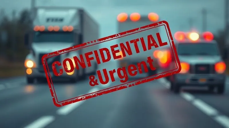 A photorealistic image of a legal document with a red 'Confidential & Urgent' stamp, overlaid on a blurred background of a truck accident scene with emergency lights, cinematic lighting, sharp focus on the document, depth of field, 8K hyper-detailed, professional photography, shot on a high-end DSLR.