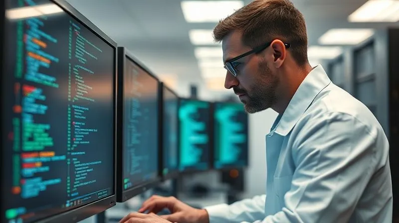 A photorealistic image of a data forensics expert in a sterile lab environment, peering intently at complex digital code displayed on multiple monitors, with a blurred background of circuit boards and server racks, cinematic lighting, sharp focus on the expert's face and screen, depth of field, 8K hyper-detailed, professional photography, shot on a high-end DSLR.