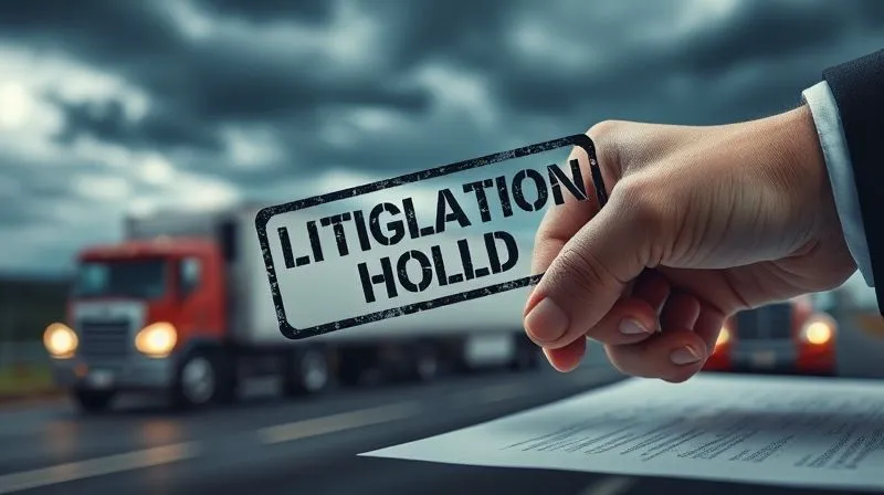A photorealistic image of a legal professional's hand firmly placing a 'Litigation Hold' stamp on a document, with a blurred background of a serious truck accident scene under an ominous sky, dramatic lighting, sharp focus on the hand and stamp, depth of field, 8K hyper-detailed, professional photography, shot on a high-end DSLR.