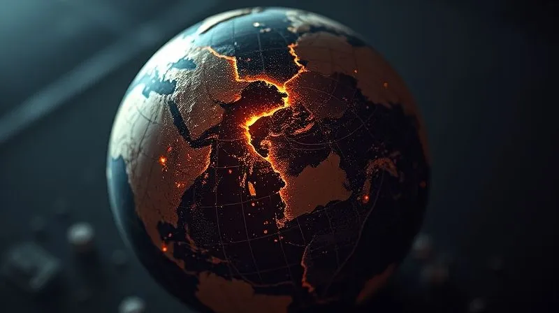A photorealistic, professional photography, 8K, cinematic lighting, sharp focus, depth of field, shot on a high-end DSLR. Image of a fractured globe, with visible fault lines, symbolizing international tensions and fragility after aggression, bathed in a somber, reflective light.