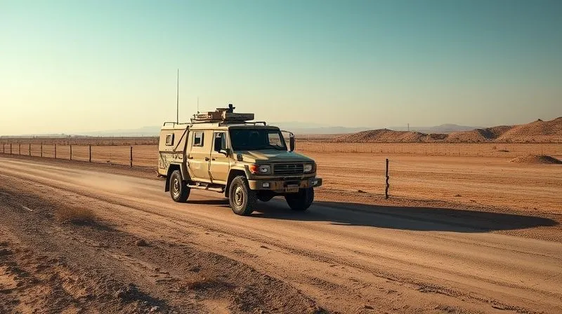 A photorealistic, professional photography, 8K, cinematic lighting, sharp focus, depth of field, shot on a high-end DSLR. Image of a UN peacekeeping vehicle patrolling a barren, demarcated border zone, under a watchful sky, symbolizing demilitarization and monitoring post-aggression.