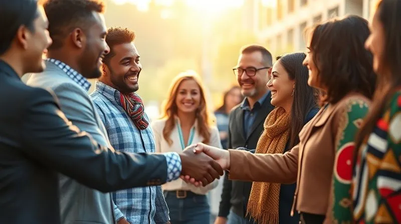 A photorealistic, professional photography, 8K, cinematic lighting, sharp focus, depth of field, shot on a high-end DSLR. Image of diverse individuals from different cultures shaking hands and smiling in a vibrant, collaborative setting, symbolizing post-conflict reconciliation and renewed international cooperation, bathed in warm, hopeful light.