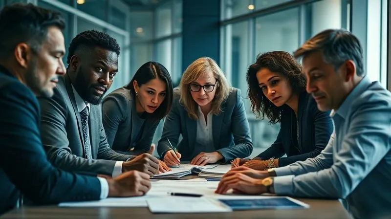 A photorealistic, professional photography shot of a legal team, diverse and focused, huddled intensely around a table covered with documents, their expressions serious but determined. Cinematic lighting highlights their faces, conveying urgency and collaborative strategy. Sharp focus on the team, depth of field blurring the background. 8K hyper-detailed, shot on a high-end DSLR.