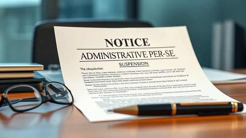 A photorealistic, professional image of a legal document titled "Notice of Administrative Per Se Suspension" prominently displayed on a wooden desk, next to a pair of reading glasses and a pen. The background is a subtly blurred office environment. Cinematic lighting highlights the document, sharp focus on the text, depth of field blurring the surroundings. Shot on a high-end DSLR, 8K hyper-detailed, conveying seriousness and legal process.