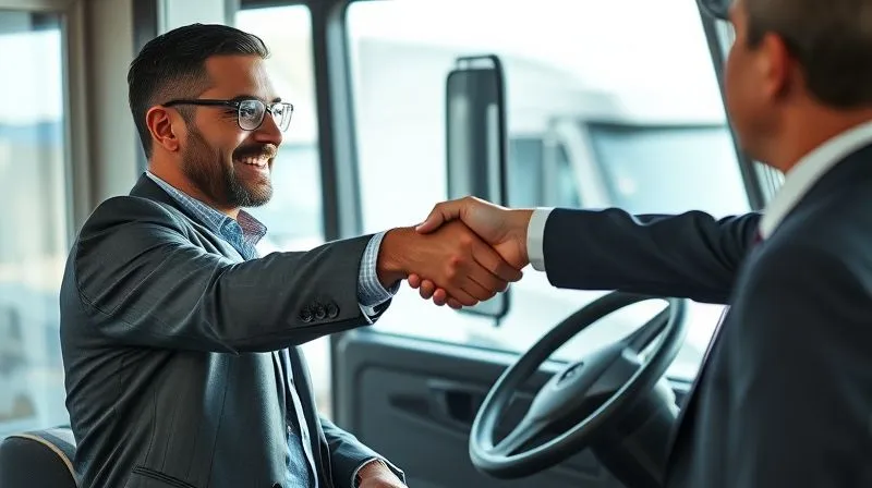A photorealistic, professional image of a commercial truck driver, now clean-shaven and well-dressed, shaking hands with a potential employer in a professional office setting. A subtle hint of a truck through a window in the background. Cinematic lighting, sharp focus on the handshake and faces, depth of field blurring the background. Shot on a high-end DSLR, 8K hyper-detailed, conveying hope and a fresh start.