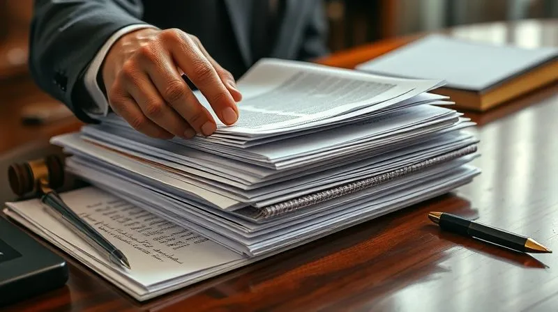 Photorealistic, professional photography, 8K, cinematic lighting, sharp focus, depth of field, shot on a high-end DSLR. A wise, experienced legal hand meticulously organizing a stack of diverse legal documents, including medical reports, financial statements, and handwritten notes, on a polished mahogany desk. The scene conveys careful preparation and foresight in legal planning.