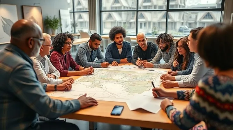 A photorealistic image of a diverse group of community members, project developers, and environmental consultants engaged in a constructive dialogue around a large table, with maps and documents visible. The atmosphere is collaborative and open, with natural light streaming in. Professional photography, 8K, cinematic lighting, sharp focus on the group, depth of field blurring the background, shot on a high-end DSLR.