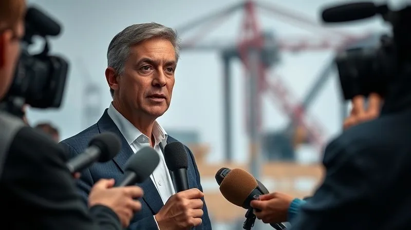 A photorealistic image of a professional spokesperson confidently addressing a group of journalists, with microphones and cameras pointed at them. The background shows a subtle, blurred image of an industrial site or infrastructure project. The spokesperson maintains a calm, authoritative demeanor, conveying transparency and control. Professional photography, 8K, cinematic lighting, sharp focus on the spokesperson, depth of field blurring the background, shot on a high-end DSLR.
