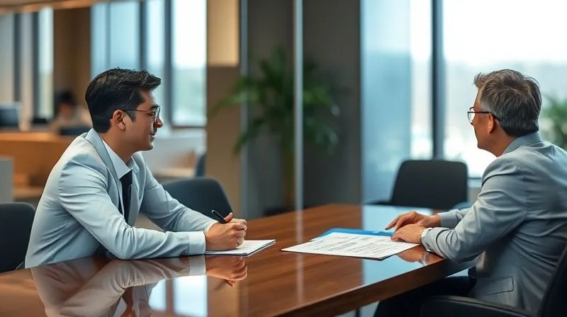 A photorealistic image of a small business owner intently listening to a legal expert in a modern, professional office setting. They are seated across a polished table, with legal documents subtly visible. Cinematic lighting, sharp focus on their expressions, depth of field blurring the background. 8K hyper-detailed, shot on a high-end DSLR.