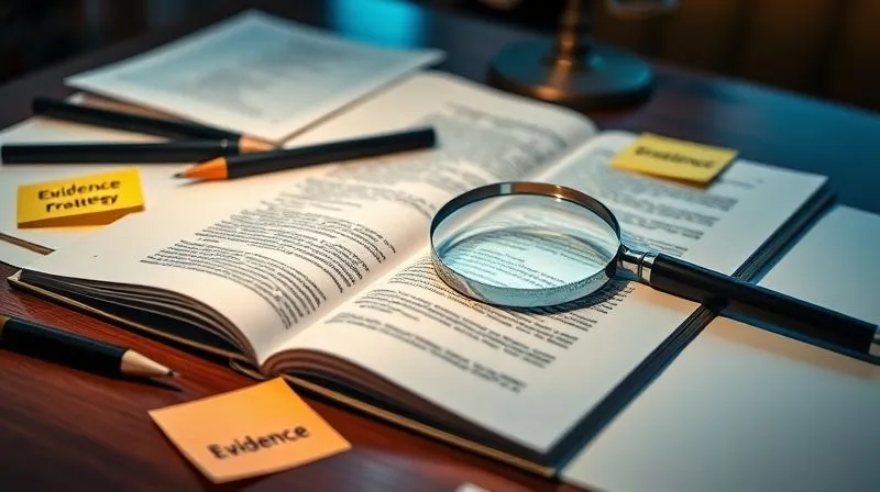 A photorealistic image of a legal brief or document open on a table, with a magnifying glass hovering over specific paragraphs. Surrounding it are pens, highlighters, and strategically placed sticky notes with keywords like 'Evidence', 'Precedent', 'Strategy'. Cinematic lighting, sharp focus on the document, depth of field blurring the background. 8K hyper-detailed, shot on a high-end DSLR.