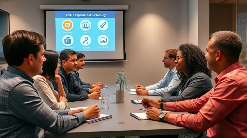 A photorealistic image of a diverse group of small business employees, seated around a conference table, actively participating in a training session. A projector screen in the background displays a presentation slide with icons related to legal compliance and ethical advertising. The atmosphere is engaged and professional, with cinematic lighting highlighting faces. 8K hyper-detailed, shot on a high-end DSLR.