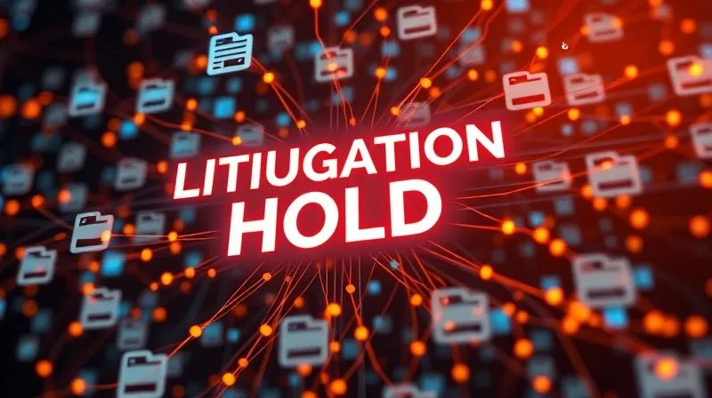 A photorealistic image of a complex web of interconnected digital files and documents, with a glowing 'LITIGATION HOLD' overlay, symbolizing data preservation. Cinematic lighting, sharp focus on the central data, depth of field blurring the background, 8K hyper-detailed.