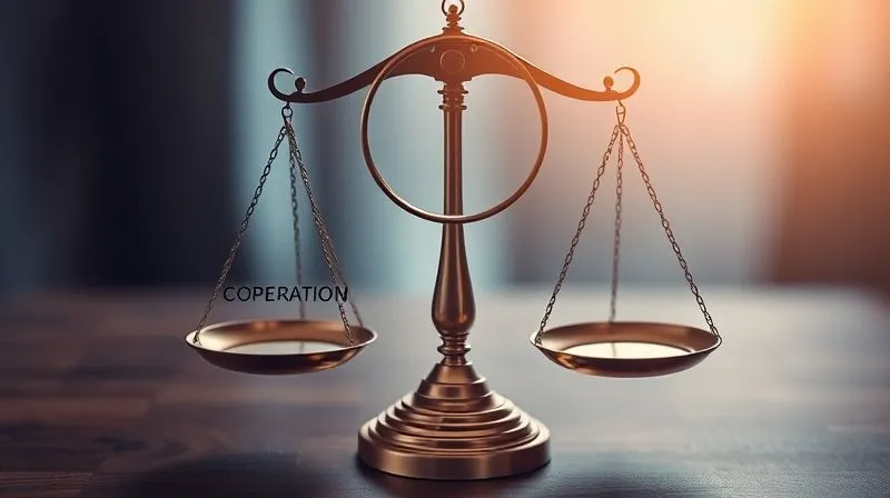 A photorealistic image of a complex legal scale balancing 'Cooperation' on one side and 'Litigation Risk' on the other, with a magnifying glass hovering over the 'Cooperation' side. Cinematic lighting, sharp focus on the scale, depth of field blurring the background, 8K hyper-detailed.