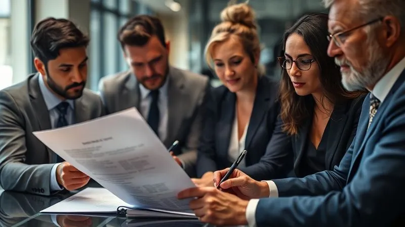 A photorealistic image of a legal brief or document being meticulously reviewed and annotated by a diverse team of professionals in a modern, collaborative office setting. Focus on the details of the document and the serious, analytical expressions of the individuals. 8K, cinematic lighting, sharp focus on the document and faces, depth of field. Shot on a high-end DSLR.
