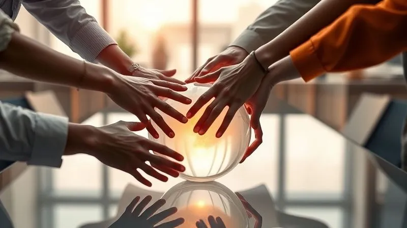 A photorealistic image of diverse hands (representing different genders and backgrounds) joining together over a table with a glowing, transparent sphere at the center, symbolizing collaboration, transparency, and fairness in a modern office. Soft, warm lighting emphasizes unity and trust. 8K, cinematic lighting, sharp focus on the hands and sphere, depth of field. Shot on a high-end DSLR.