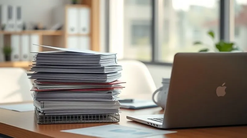 Photorealistic, professional photography, 8K, cinematic lighting, sharp focus, depth of field, shot on a high-end DSLR. A well-organized, brightly lit office desk with stacks of neatly categorized financial documents, files, and a secure laptop, symbolizing meticulous preparation and readiness for an audit.