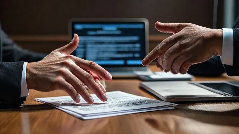 A photorealistic image of a legal negotiation table, with two sets of hands (one representing legal counsel, the other FTC staff) subtly gesturing over a stack of digital product documents and a laptop displaying legal terms. The atmosphere is tense but professional, with cinematic lighting highlighting the focused expressions. Sharp focus on the hands and documents, depth of field blurring the background, 8K hyper-detailed, professional photography, shot on a high-end DSLR.