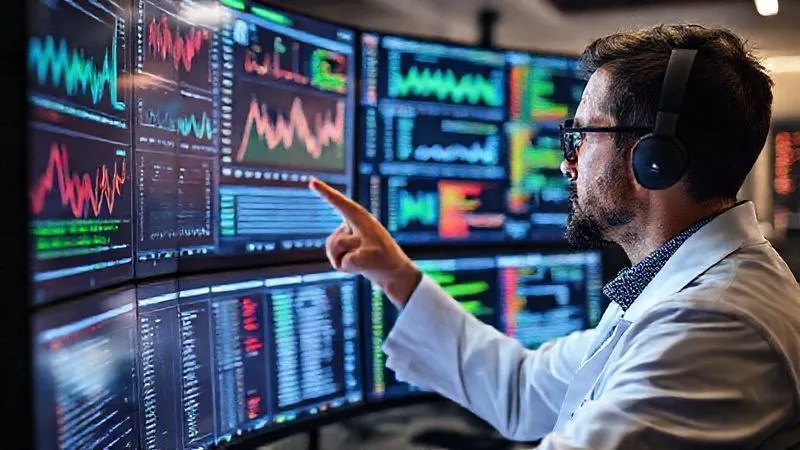 A photorealistic image of a data scientist working on multiple large monitors displaying complex data visualizations, charts, and lines of code. The scientist is pointing at a specific graph, indicating a key insight. Cinematic lighting, sharp focus on the data and the scientist's hand, depth of field blurring the background, 8K hyper-detailed, professional photography, shot on a high-end DSLR.