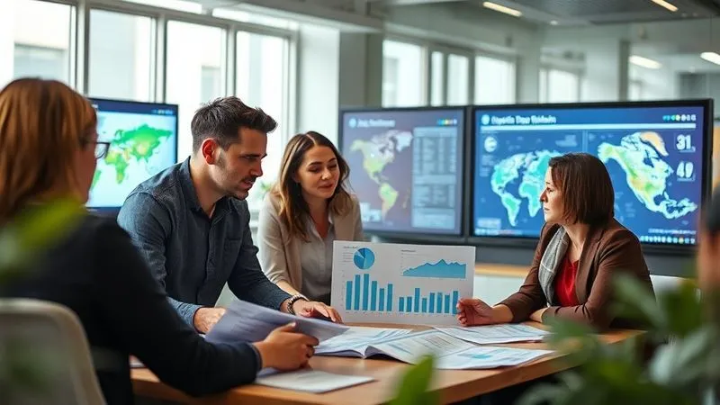 A photorealistic image of a diverse team of professionals in a modern office, collaboratively reviewing digital climate data on large screens and physical documents, with focused expressions and clear communication. Cinematic lighting, sharp focus on the team, depth of field blurring the background. Shot on a high-end DSLR, 8K hyper-detailed, professional photography.