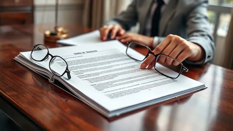A photorealistic image of a legal brief open on a polished mahogany desk, with a pair of reading glasses resting on it and a hand pointing to a section of text related to environmental regulations. A blurred figure of an attorney is visible in the background. Cinematic lighting, sharp focus on the document, depth of field. Shot on a high-end DSLR, 8K hyper-detailed, professional photography.