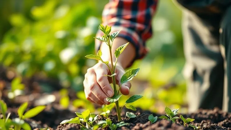 A photorealistic image of a gardener carefully tending to a young, vibrant green sapling, symbolizing continuous growth and careful nurturing. The background is a blurred, lush garden under soft, natural light, representing a sustainable environment. Cinematic lighting, sharp focus on the sapling and hands, depth of field. Shot on a high-end DSLR, 8K hyper-detailed, professional photography.
