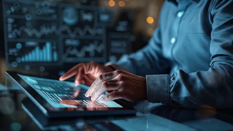 A photorealistic image of a professional auditor reviewing environmental data on a tablet, with complex charts and graphs in the background, surrounded by subtle glowing carbon molecules. Cinematic lighting, sharp focus on the auditor's hands and tablet, depth of field blurring the office setting. 8K hyper-detailed, professional photography.
