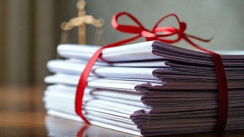 A photorealistic image of a stack of legal documents tied with a red ribbon, with a scale of justice slightly out of focus in the background. Cinematic lighting, sharp focus on the documents, depth of field blurring the background. 8K hyper-detailed, professional photography.
