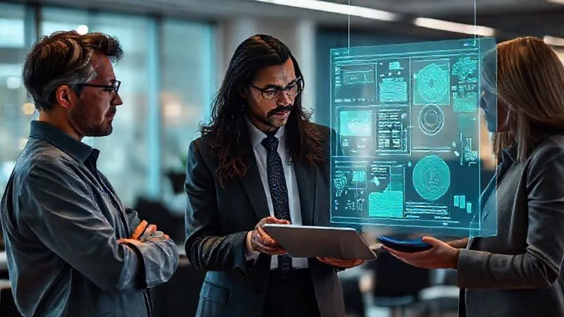 A photorealistic image of a diverse group of professionals (a scientist, a lawyer, a data analyst) collaborating around a holographic projection of complex environmental data and legal documents. Cinematic lighting, sharp focus on the group and the projection, depth of field blurring the modern office background. 8K hyper-detailed, professional photography.