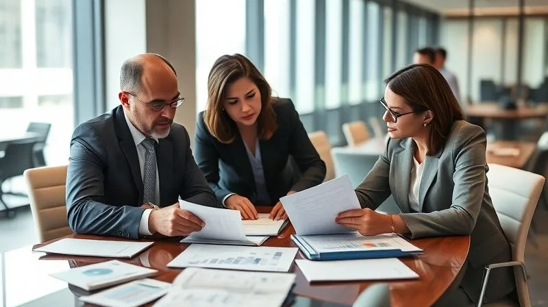A photorealistic, professional image of a diverse legal team (attorney, paralegal, financial expert) collaborating around a conference table, meticulously reviewing documents and charts. Their expressions are focused and determined, with strategic notes and legal pads spread across the table. Cinematic lighting, sharp focus on the team and documents, depth of field blurring the background of a modern law office. 8K hyper-detailed, professional photography, shot on a high-end DSLR.
