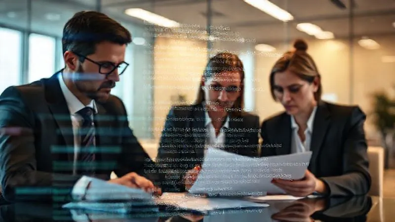A photorealistic image of a transparent digital overlay of internal corporate communication snippets (blurred for privacy) over a background of a legal team intently reviewing documents in a modern, well-lit conference room. The focus is on the serious expressions of the lawyers, with the digital text subtly hinting at the complexity of internal evidence review. Cinematic lighting, sharp focus, depth of field. 8K hyper-detailed.