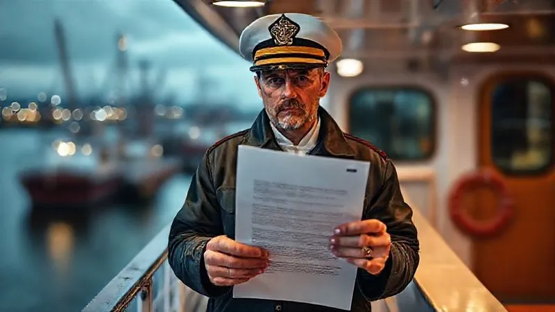 A ship's captain, looking concerned, holds a legal document while on the bridge of a vessel, with a blurred backdrop of a port. Photorealistic, professional photography, 8K, cinematic lighting, sharp focus on the captain and document, depth of field blurring the background, shot on a high-end DSLR.