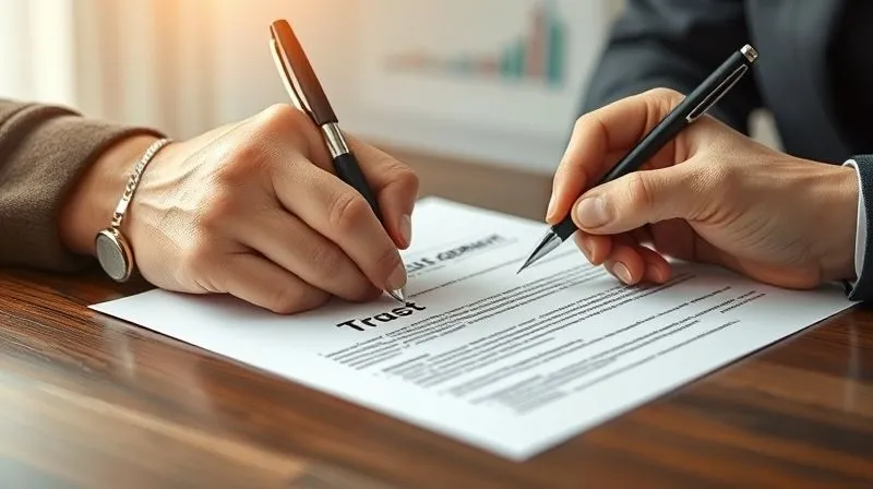 A photorealistic image of a legal document titled 'Trust Agreement' being signed by an elderly hand, with a younger, professional hand guiding a pen. In the background, a subtle, out-of-focus medical chart is visible. Cinematic lighting, sharp focus on the hands and document, depth of field. 8K, shot on a high-end DSLR, professional photography.