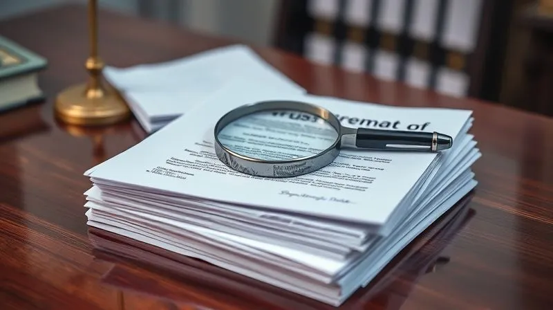 A photorealistic, professional photography image of a stack of legal documents, including a trust agreement, medical records, and handwritten notes, meticulously organized on a polished desk. A magnifying glass rests on the top document. Cinematic lighting, sharp focus on the documents, depth of field. 8K, shot on a high-end DSLR.