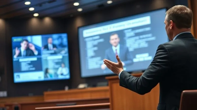 A photorealistic, professional photography image of a lawyer in a sharp suit presenting evidence on a large screen in a modern courtroom. The jury box is visible in the foreground, slightly out of focus. Cinematic lighting, sharp focus on the lawyer and screen, depth of field. 8K, shot on a high-end DSLR.