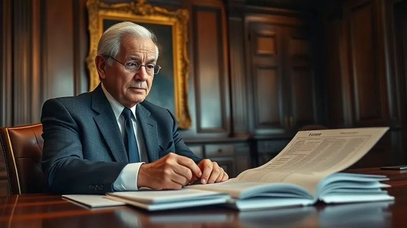 A photorealistic, professional photography image of a focused trustee, dressed in business attire, reviewing a ledger and trust documents at a large, ornate wooden desk. A subtle, older portrait of a benefactor hangs in the background. Cinematic lighting, sharp focus on the trustee and documents, depth of field. 8K, shot on a high-end DSLR.