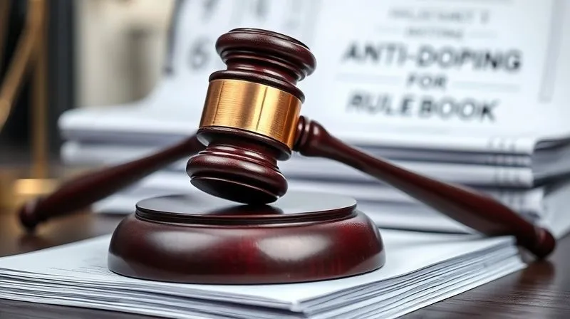 A photorealistic, professional photography, 8K, cinematic lighting, sharp focus, depth of field, shot on a high-end DSLR, depicting a judge's gavel resting on a stack of legal documents and a blurred anti-doping rulebook in the background, symbolizing the gravity of the legal process and the finality of sanctions.