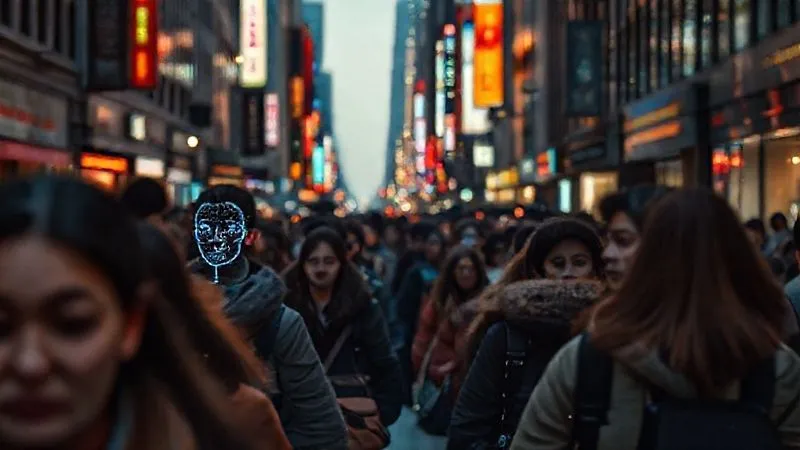A photorealistic image of a bustling city street with subtle, glowing digital overlays on people's faces, representing invisible AI surveillance and data collection, cinematic lighting, sharp focus, depth of field, 8K hyper-detailed, shot on a high-end DSLR.
