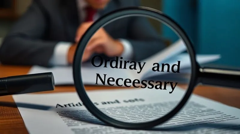 photorealistic, professional photography, 8K, cinematic lighting, sharp focus, depth of field, shot on a high-end DSLR. A legal document with a magnifying glass hovering over the text 'Ordinary and Necessary', with a business person in the background thoughtfully reviewing financial statements. The scene conveys scrutiny and the importance of definition.