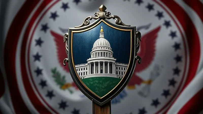 A photorealistic image of a sturdy, ornate shield emblazoned with a stylized depiction of a state capitol building, standing firm against a backdrop of swirling, abstract federal symbols. Cinematic lighting, sharp focus on the shield, depth of field, 8K hyper-detailed, shot on a high-end DSLR.
