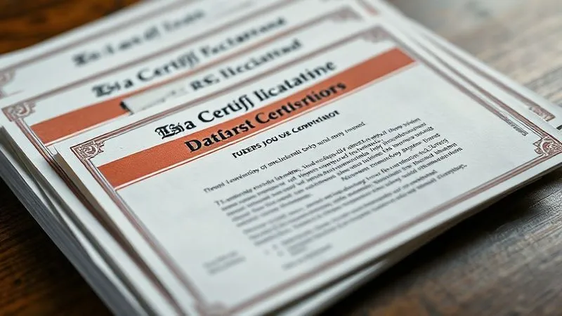 photorealistic, professional photography, 8K, cinematic lighting, sharp focus, depth of field, shot on a high-end DSLR. A close-up of a stack of official-looking, but ultimately fake, ESA certificates and a genuine, single letter from a medical professional, symbolizing the stark contrast between valid and invalid documentation for an emotional support animal request. The fake certificates are slightly out of focus, while the genuine letter is sharp and clear.
