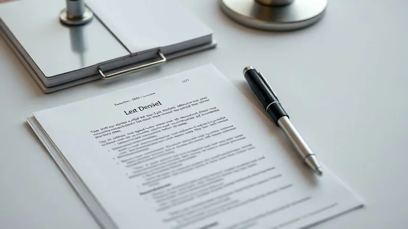 photorealistic, professional photography, 8K, cinematic lighting, sharp focus, depth of field, shot on a high-end DSLR. A professional, minimalist image of a well-organized desk with a typed legal denial letter partially visible, a legal textbook open to a section on fair housing, and a sleek pen resting beside it, emphasizing careful documentation, legal precision, and the weight of official communication.
