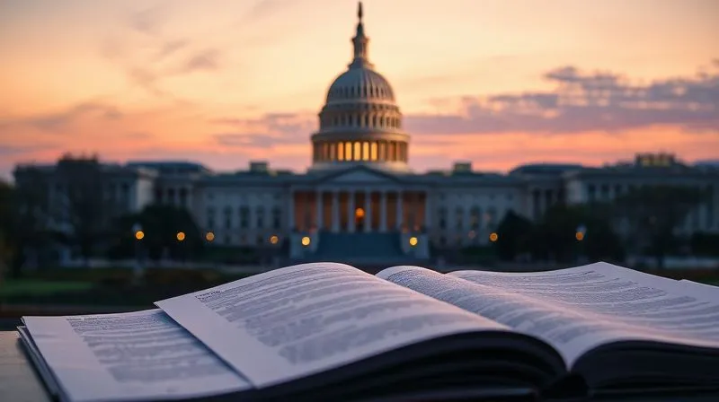 A photorealistic image depicting the U.S. Capitol Building at dawn, with legislative documents subtly highlighted in the foreground, representing the intricate process of lawmaking and oversight. Cinematic lighting, sharp focus, depth of field, 8K hyper-detailed, professional photography.