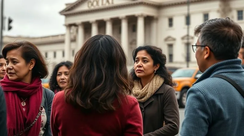 A photorealistic image of a diverse group of people, representing public opinion, engaged in a thoughtful discussion, with a blurred backdrop of government buildings. The scene conveys a sense of civic engagement and the silent power of collective sentiment. Cinematic lighting, sharp focus on the group, depth of field, 8K hyper-detailed, professional photography.