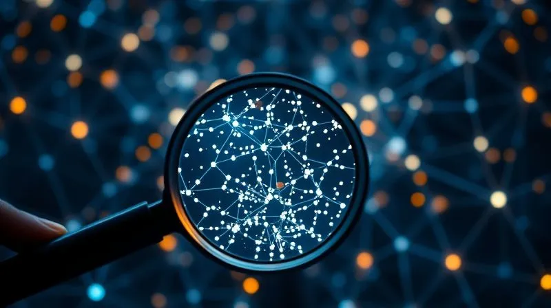 A photorealistic, professional photography, 8K, cinematic lighting, sharp focus, depth of field, shot on a high-end DSLR. A complex, interconnected network of glowing data lines and nodes, forming an abstract representation of a legal framework. In the foreground, a magnifying glass hovers over a particularly dense cluster of nodes, highlighting the difficulty of discerning patterns. The overall mood is one of intricate challenge and meticulous analysis.