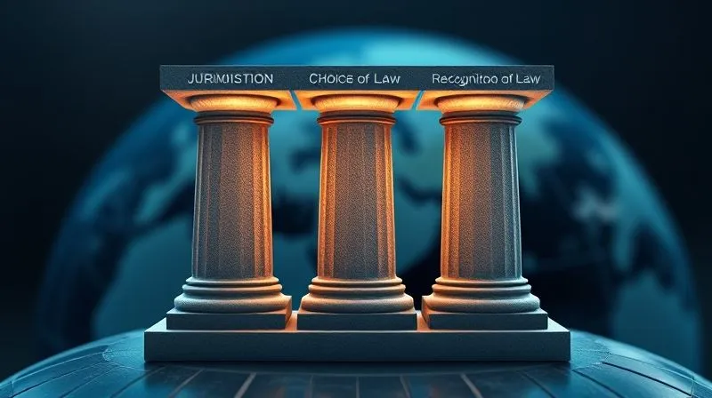 A photorealistic conceptual image depicting three interconnected pillars, each labeled 'Jurisdiction', 'Choice of Law', and 'Recognition of Judgments', standing on a solid foundation of 'Private International Law'. The pillars are made of polished stone, subtly glowing, against a backdrop of a blurred globe. Professional photography, 8K, cinematic lighting, sharp focus on the pillars, depth of field blurring the background, shot on a high-end DSLR.
