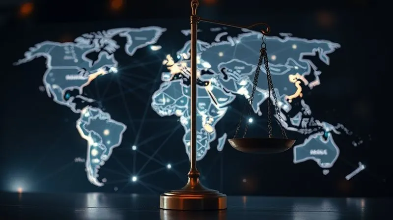 A photorealistic image showing a network of glowing lines connecting various countries on a translucent, holographic world map, symbolizing 'minimum contacts' and global business interactions. In the foreground, a stylized legal scale balances, representing fairness and justice. Professional photography, 8K, cinematic lighting, sharp focus on the map and scale, depth of field blurring the background, shot on a high-end DSLR.
