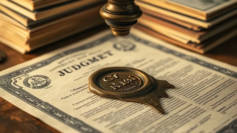 A photorealistic image of a vintage, ornate legal document, possibly a judgment, being stamped with a heavy, brass seal. The background is softly blurred, showing stacks of other legal papers. The lighting is dramatic and warm, highlighting the act of official recognition. Professional photography, 8K, cinematic lighting, sharp focus on the document and seal, depth of field blurring the background, shot on a high-end DSLR.