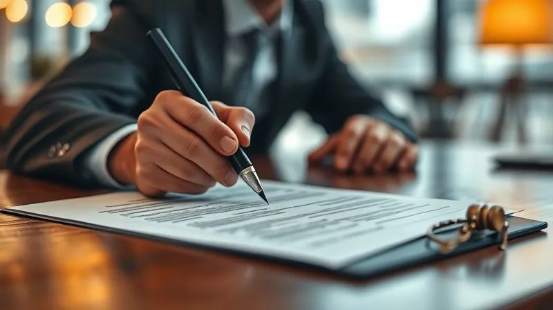 A photorealistic close-up of a hand signing a legal document, with a blurred background showing a business loan agreement and a small business struggling, conveying the weight of the decision. professional photography, 8K, cinematic lighting, sharp focus, depth of field, shot on a high-end DSLR